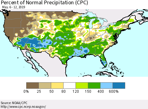 United States Percent of Normal Precipitation (CPC) Thematic Map For 5/6/2019 - 5/12/2019