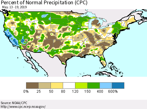 United States Percent of Normal Precipitation (CPC) Thematic Map For 5/13/2019 - 5/19/2019
