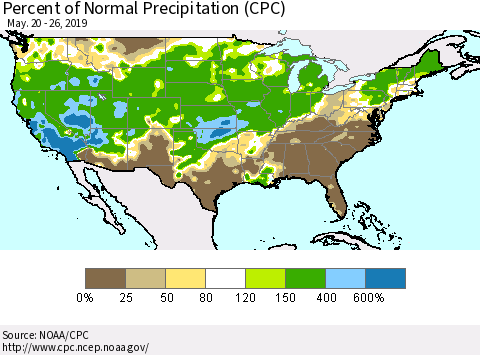 United States Percent of Normal Precipitation (CPC) Thematic Map For 5/20/2019 - 5/26/2019
