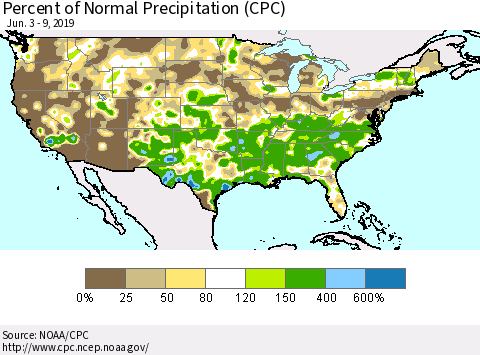 United States Percent of Normal Precipitation (CPC) Thematic Map For 6/3/2019 - 6/9/2019