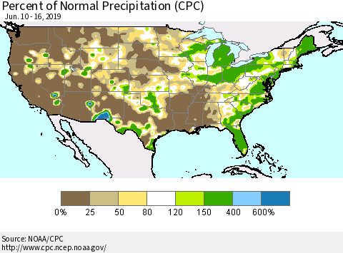United States Percent of Normal Precipitation (CPC) Thematic Map For 6/10/2019 - 6/16/2019