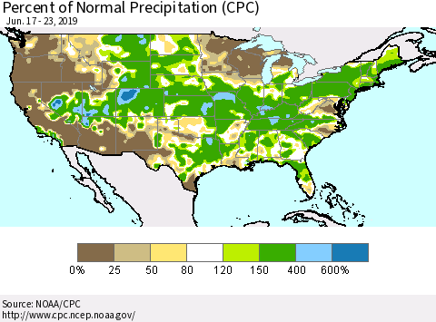 United States Percent of Normal Precipitation (CPC) Thematic Map For 6/17/2019 - 6/23/2019