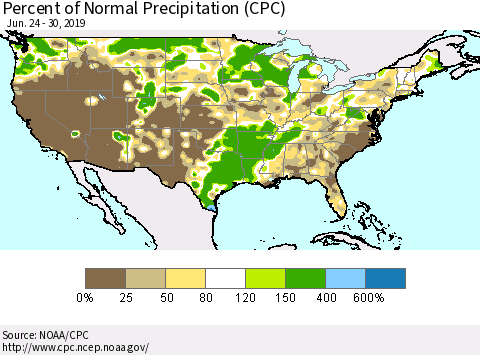 United States Percent of Normal Precipitation (CPC) Thematic Map For 6/24/2019 - 6/30/2019