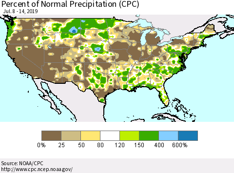 United States Percent of Normal Precipitation (CPC) Thematic Map For 7/8/2019 - 7/14/2019