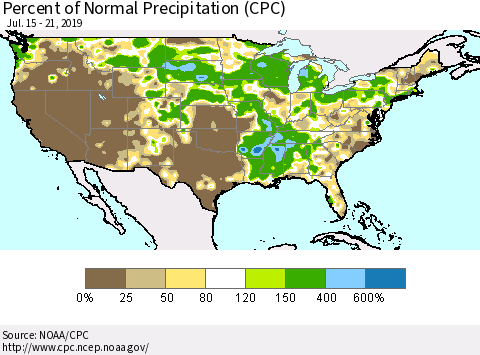 United States Percent of Normal Precipitation (CPC) Thematic Map For 7/15/2019 - 7/21/2019