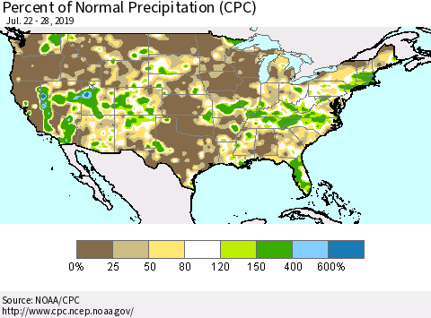 United States Percent of Normal Precipitation (CPC) Thematic Map For 7/22/2019 - 7/28/2019