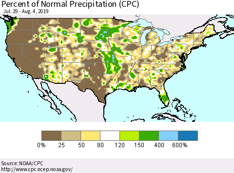 United States Percent of Normal Precipitation (CPC) Thematic Map For 7/29/2019 - 8/4/2019
