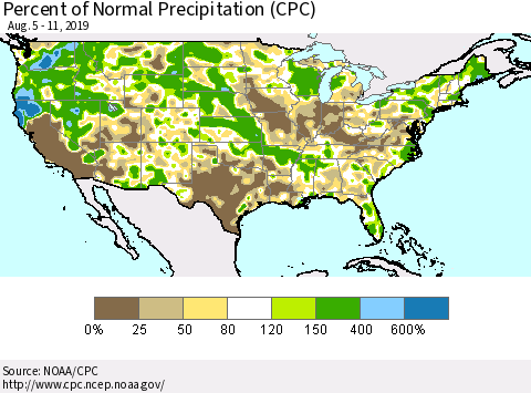 United States Percent of Normal Precipitation (CPC) Thematic Map For 8/5/2019 - 8/11/2019