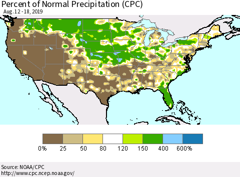United States Percent of Normal Precipitation (CPC) Thematic Map For 8/12/2019 - 8/18/2019