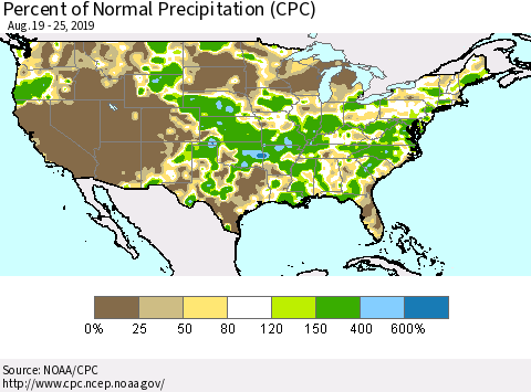 United States Percent of Normal Precipitation (CPC) Thematic Map For 8/19/2019 - 8/25/2019
