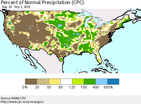 United States Percent of Normal Precipitation (CPC) Thematic Map For 8/26/2019 - 9/1/2019