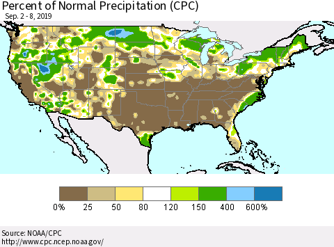 United States Percent of Normal Precipitation (CPC) Thematic Map For 9/2/2019 - 9/8/2019