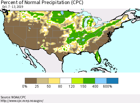 United States Percent of Normal Precipitation (CPC) Thematic Map For 10/7/2019 - 10/13/2019