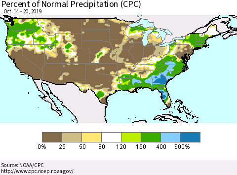 United States Percent of Normal Precipitation (CPC) Thematic Map For 10/14/2019 - 10/20/2019