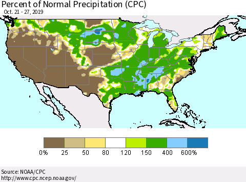 United States Percent of Normal Precipitation (CPC) Thematic Map For 10/21/2019 - 10/27/2019