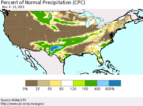 United States Percent of Normal Precipitation (CPC) Thematic Map For 11/4/2019 - 11/10/2019