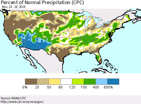 United States Percent of Normal Precipitation (CPC) Thematic Map For 11/18/2019 - 11/24/2019