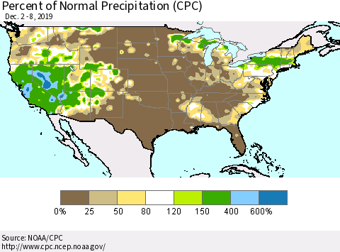 United States Percent of Normal Precipitation (CPC) Thematic Map For 12/2/2019 - 12/8/2019