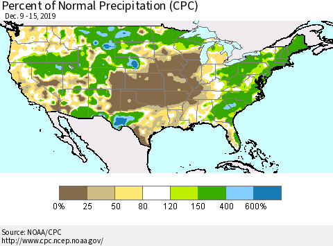 United States Percent of Normal Precipitation (CPC) Thematic Map For 12/9/2019 - 12/15/2019