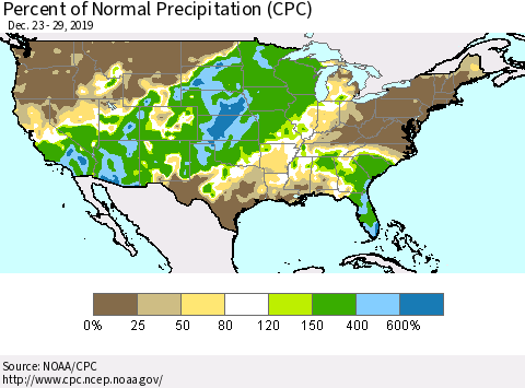 United States Percent of Normal Precipitation (CPC) Thematic Map For 12/23/2019 - 12/29/2019