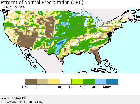 United States Percent of Normal Precipitation (CPC) Thematic Map For 1/13/2020 - 1/19/2020