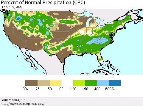 United States Percent of Normal Precipitation (CPC) Thematic Map For 2/3/2020 - 2/9/2020