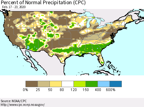 United States Percent of Normal Precipitation (CPC) Thematic Map For 2/17/2020 - 2/23/2020