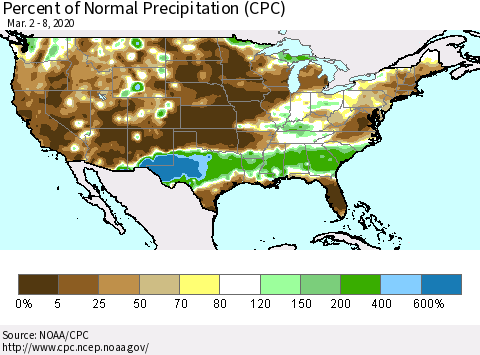 United States Percent of Normal Precipitation (CPC) Thematic Map For 3/2/2020 - 3/8/2020