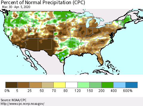 United States Percent of Normal Precipitation (CPC) Thematic Map For 3/30/2020 - 4/5/2020