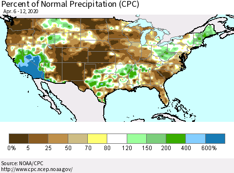 United States Percent of Normal Precipitation (CPC) Thematic Map For 4/6/2020 - 4/12/2020