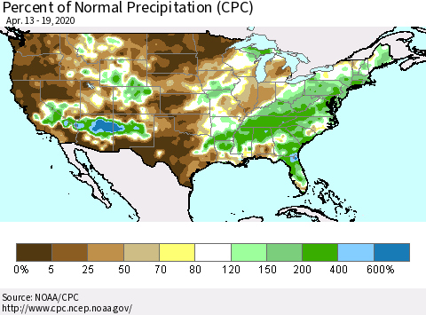 United States Percent of Normal Precipitation (CPC) Thematic Map For 4/13/2020 - 4/19/2020