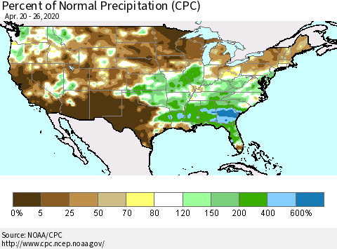 United States Percent of Normal Precipitation (CPC) Thematic Map For 4/20/2020 - 4/26/2020
