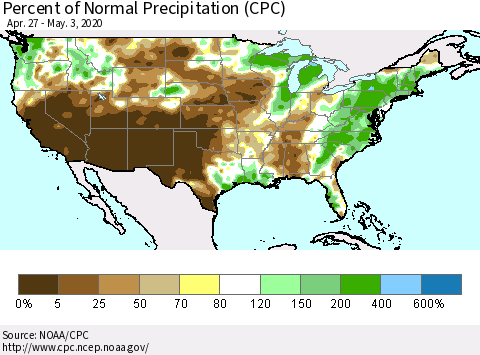 United States Percent of Normal Precipitation (CPC) Thematic Map For 4/27/2020 - 5/3/2020