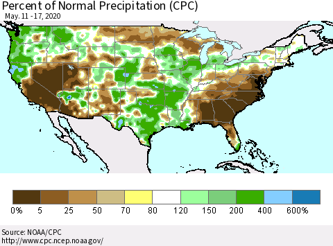 United States Percent of Normal Precipitation (CPC) Thematic Map For 5/11/2020 - 5/17/2020