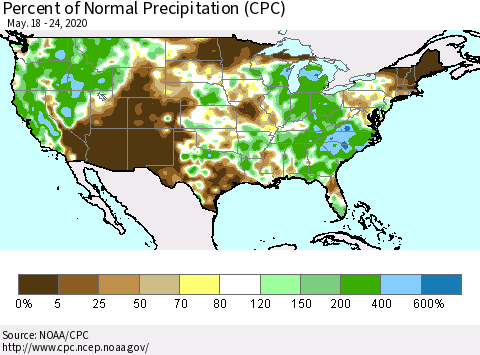 United States Percent of Normal Precipitation (CPC) Thematic Map For 5/18/2020 - 5/24/2020