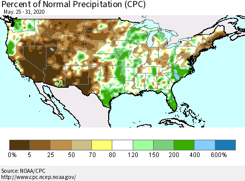 United States Percent of Normal Precipitation (CPC) Thematic Map For 5/25/2020 - 5/31/2020