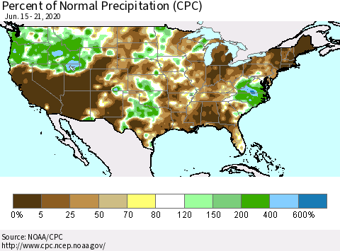 United States Percent of Normal Precipitation (CPC) Thematic Map For 6/15/2020 - 6/21/2020