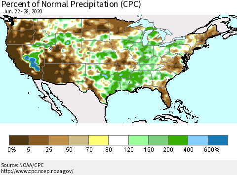 United States Percent of Normal Precipitation (CPC) Thematic Map For 6/22/2020 - 6/28/2020