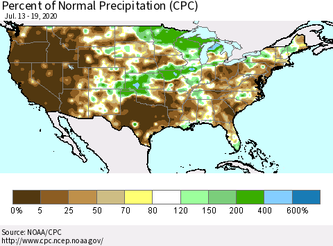 United States Percent of Normal Precipitation (CPC) Thematic Map For 7/13/2020 - 7/19/2020