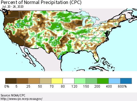 United States Percent of Normal Precipitation (CPC) Thematic Map For 7/20/2020 - 7/26/2020