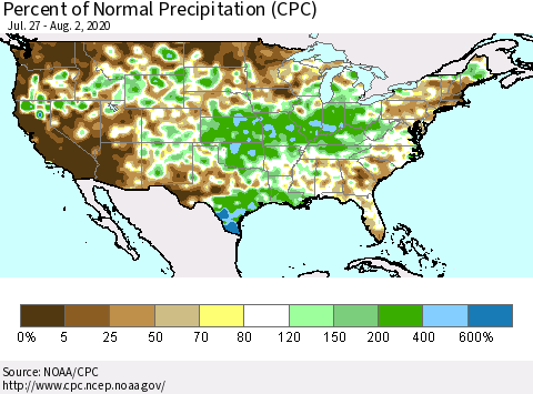 United States Percent of Normal Precipitation (CPC) Thematic Map For 7/27/2020 - 8/2/2020