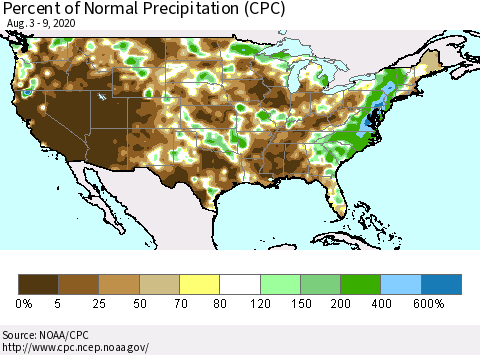 United States Percent of Normal Precipitation (CPC) Thematic Map For 8/3/2020 - 8/9/2020