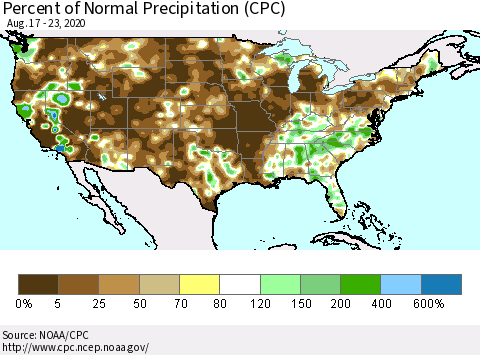 United States Percent of Normal Precipitation (CPC) Thematic Map For 8/17/2020 - 8/23/2020