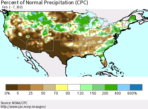 United States Percent of Normal Precipitation (CPC) Thematic Map For 2/1/2021 - 2/7/2021