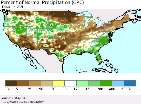 United States Percent of Normal Precipitation (CPC) Thematic Map For 2/8/2021 - 2/14/2021