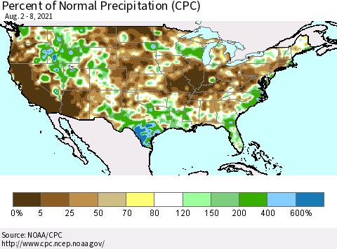 United States Percent of Normal Precipitation (CPC) Thematic Map For 8/2/2021 - 8/8/2021