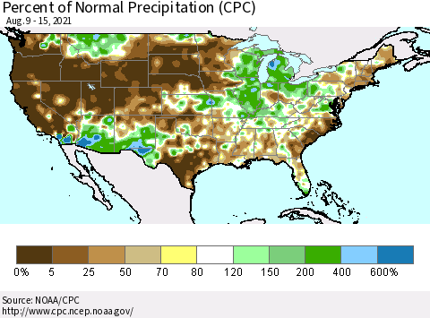 United States Percent of Normal Precipitation (CPC) Thematic Map For 8/9/2021 - 8/15/2021