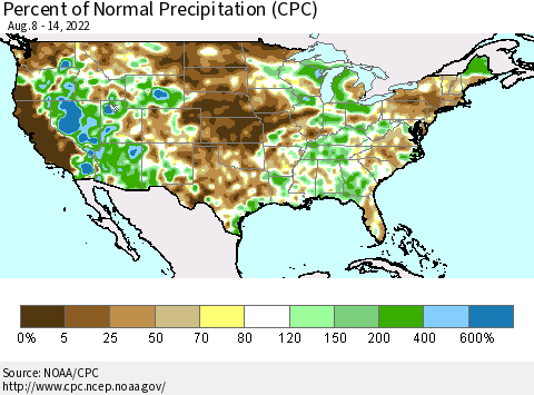 United States Percent of Normal Precipitation (CPC) Thematic Map For 8/8/2022 - 8/14/2022