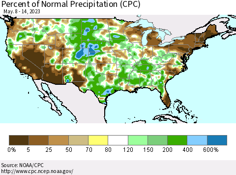 United States Percent of Normal Precipitation (CPC) Thematic Map For 5/8/2023 - 5/14/2023