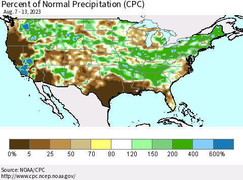 United States Percent of Normal Precipitation (CPC) Thematic Map For 8/7/2023 - 8/13/2023